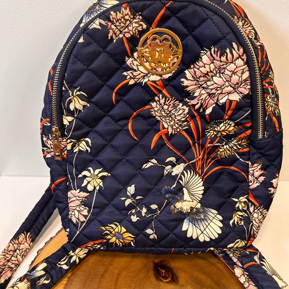 Nanette Lepore navy blue and floral pattern quilted mini backpack zip closure